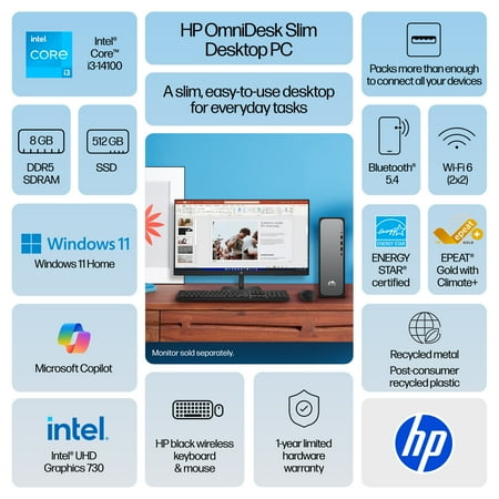 HP OmniDesk Slim Desktop PC Intel Core i3 8GB RAM 512GB SSD Windows 11 Home Meteor Silver