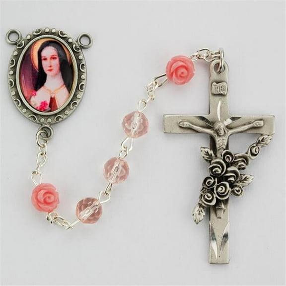 McVan R497DF 6 mm Glass Therese Cross Rosary Set - Pink