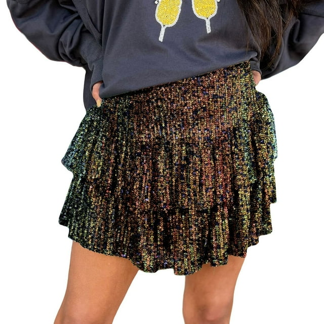 Jupe en Soie Jupe Évasée Ballet Femme Frange en Strass Jupes de Table Jetables Mode Décontractée Patchwork Sequins Taille Haute Régulière Patchwork Conventionnel Noir G