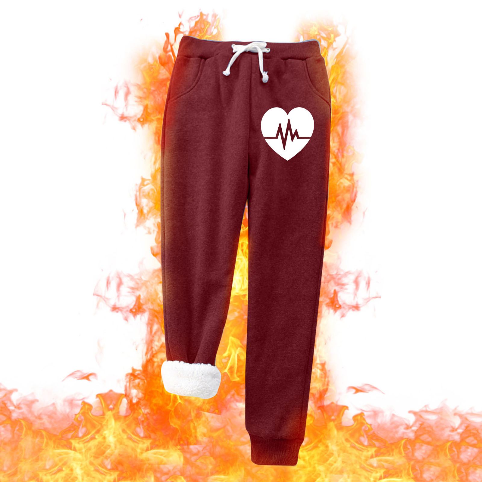 DVKOVI Women Plus Warm Solid Heart Print Velvet Pants with Pockets Keep ...