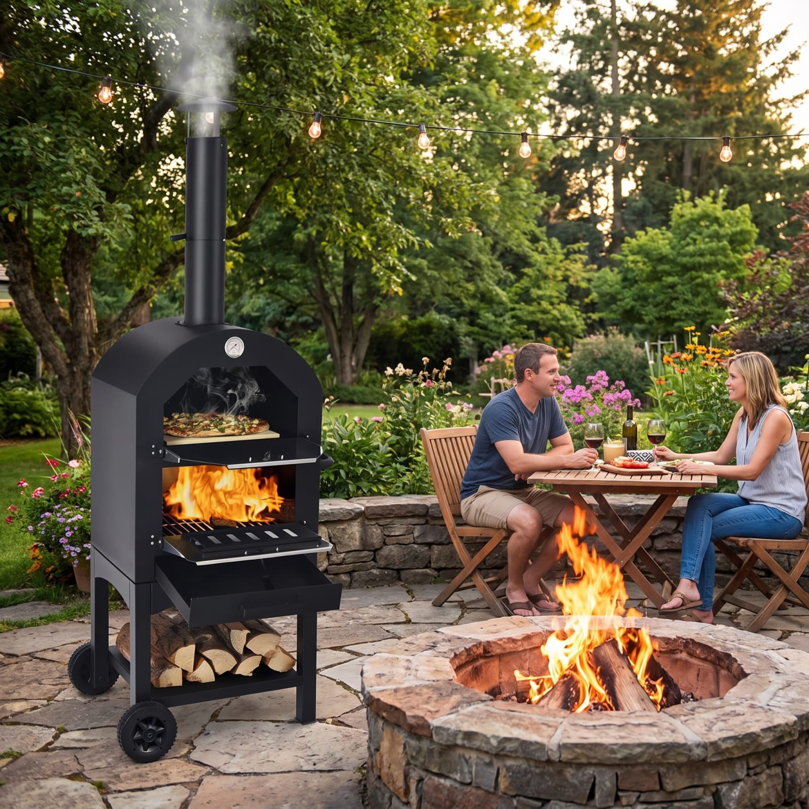 Biotree Portable Outdoor Pizza Oven with Pizza Stone and Waterproof Cover for Backyard Cooking, Black