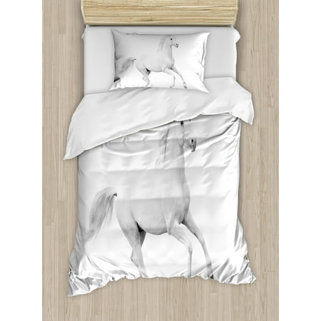 Equestrian Bedding - Black and White Decorations Twin Size Duvet Cover Set, White Stallion Running Horse Gallop Motion Speed Equestrian, Decorative 2 Piece Bedding Set with 1 Pillow Sham, White Black, by Ambesonne