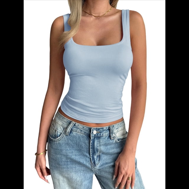 Camiseta Sin Mangas con Cuello Cuadrado para Mujer, de Doble Capa, Básica, para Entrenamiento de Verano, Informal Azul S