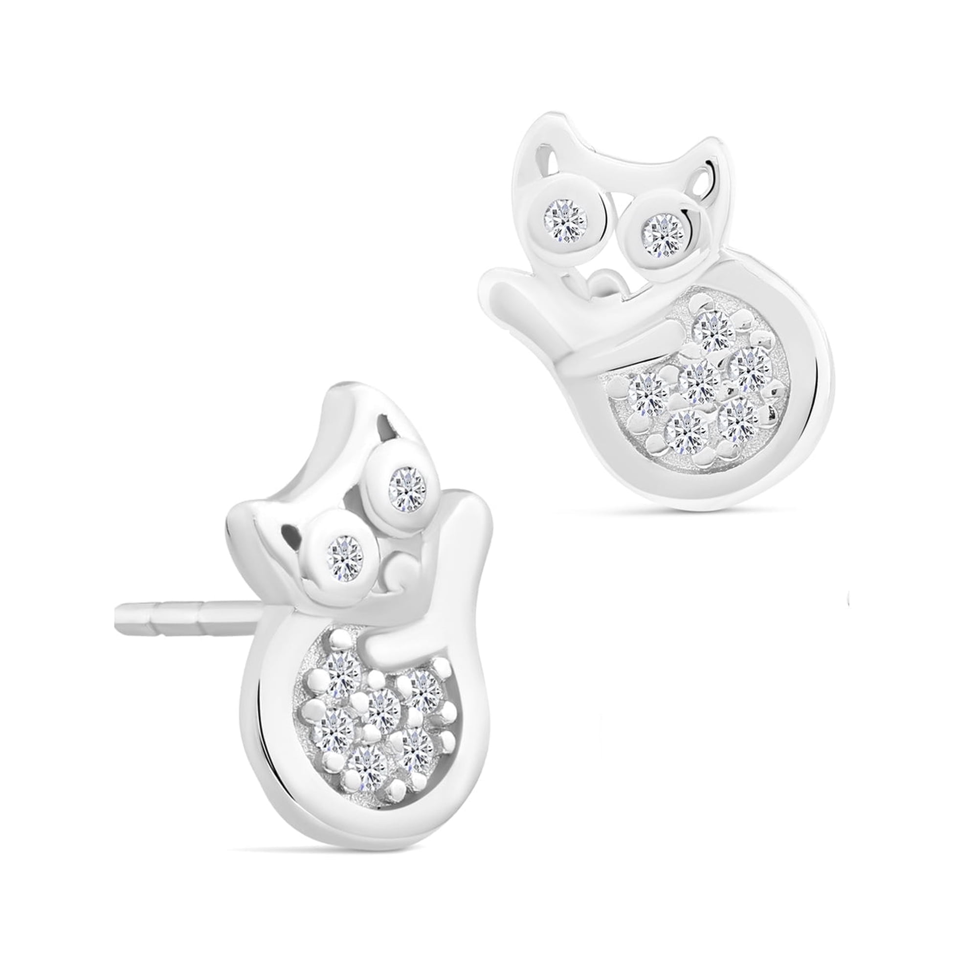 Tilo Jewelry 925 Sterling Silver Stud Earrings with Cat Kitten Design & Cubic Zirconia CZ Stones for Women & Unisex