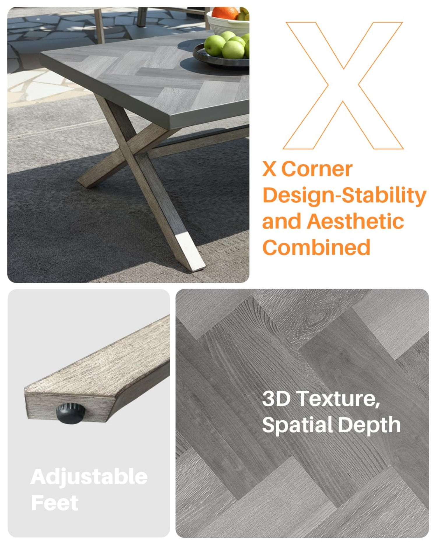 Aluminum Outdoor Coffee Table, Never Rust Rectangular Patio Coffee Table with Resin Top, All-Weather Outdoor Furniture Table for Patio, Poolside, Garden, Balcony, Porch, Silver Gray