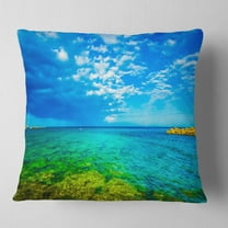Designart Picturesque Green Blue Seashore - Modern Seascape Throw Pillow - 18x18
