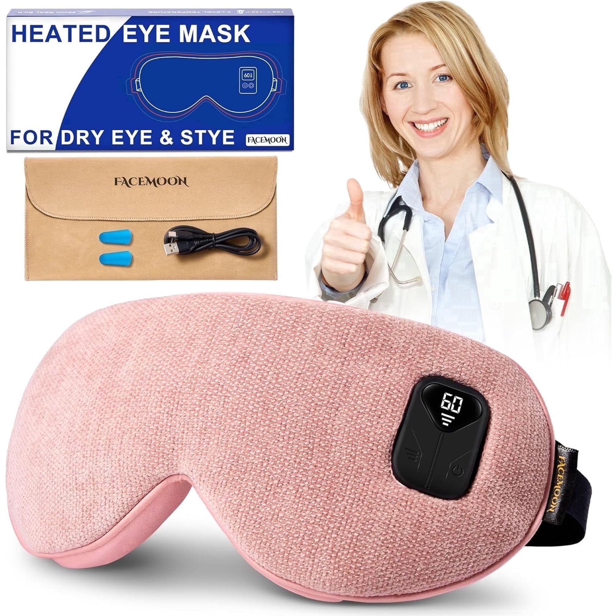 Heated Eye Mask for Dry Eyes: Warm Compress for Digital Tired Eyes, Stye Relief - Cordless, Adjustable Heat & Timer Settings - Airplane/Road Travel, Sleep aid, Office nap Pink