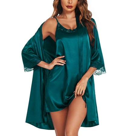 Avidlove Womens Robe Sets Sleepwear Satin Silk Sexy Nightgown with Bathrobes Lightweight Lingerie Dress Bride Robes Set Knee Length
