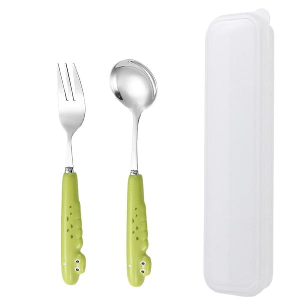 LUVCLS Lindo juego de cuchara y tenedor de acero inoxidable con mango de cerámica, cuchara de dibujos animados de Mal Ani