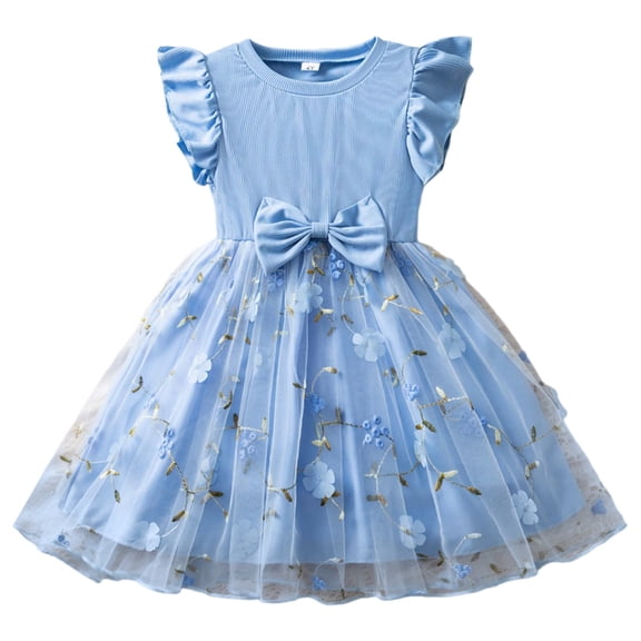 Rggeeun Toddler Girls Floral Embroidered Dress With Bow Detail And Flutter Sleeves For Party Wear Boho Casual O-Neck Sundress