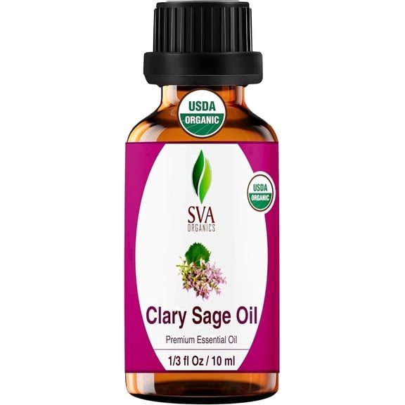 SVA Clary Sage Essential Oil Organic â 1/3 Fl Oz â 100% Natural Organic Clary Sage Oil - for Diffuser, Hair Care, Face, Skin Care, Aromatherapy, Scalp and Body Massage, Soap and Candle Making