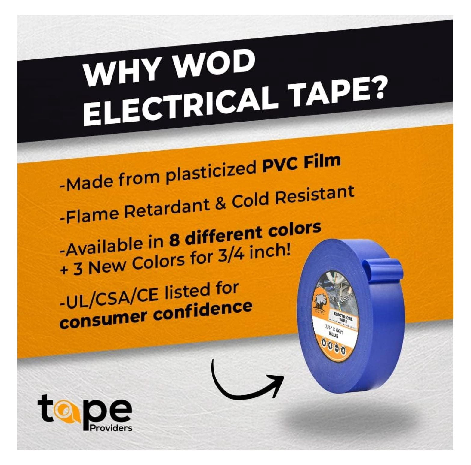 WOD ETC766 Professional Grade General Purpose Blue Electrical Tape UL/CSA Listed . Vinyl Rubber Adhesive Electrical Tape: 2 inch X 66 ft. - Use at No More Than 600V & 176F (Pack of 10)