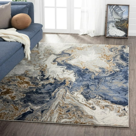 Luxe Weavers Marble Swirl Collection Blue Abstract 5x7 Area Rug Gold (5 1 x 7 4.5 )