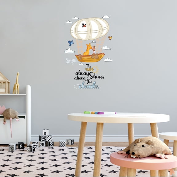 Home Wall Decal - The Sun always Shines - Cute Hot Air Balloon Design Cute Giraffe flying on a Hot Air Boat in Clouds - Proudly Hand Made Decal - Size: 14 In(W) x 20 In(H)