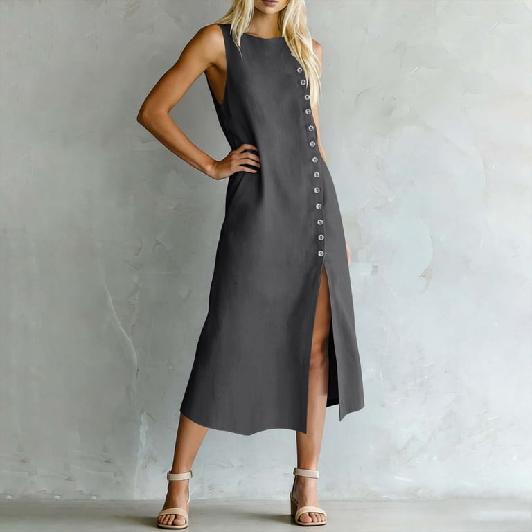 casual dress with slits on both sides Afuyipoi Womens Cotton Linen Sleeveless Crew Neck Side Slit Maxi Dress With Decorative Buttons, Loose Flowy Casual Long Dress, Soft Breathable Summer