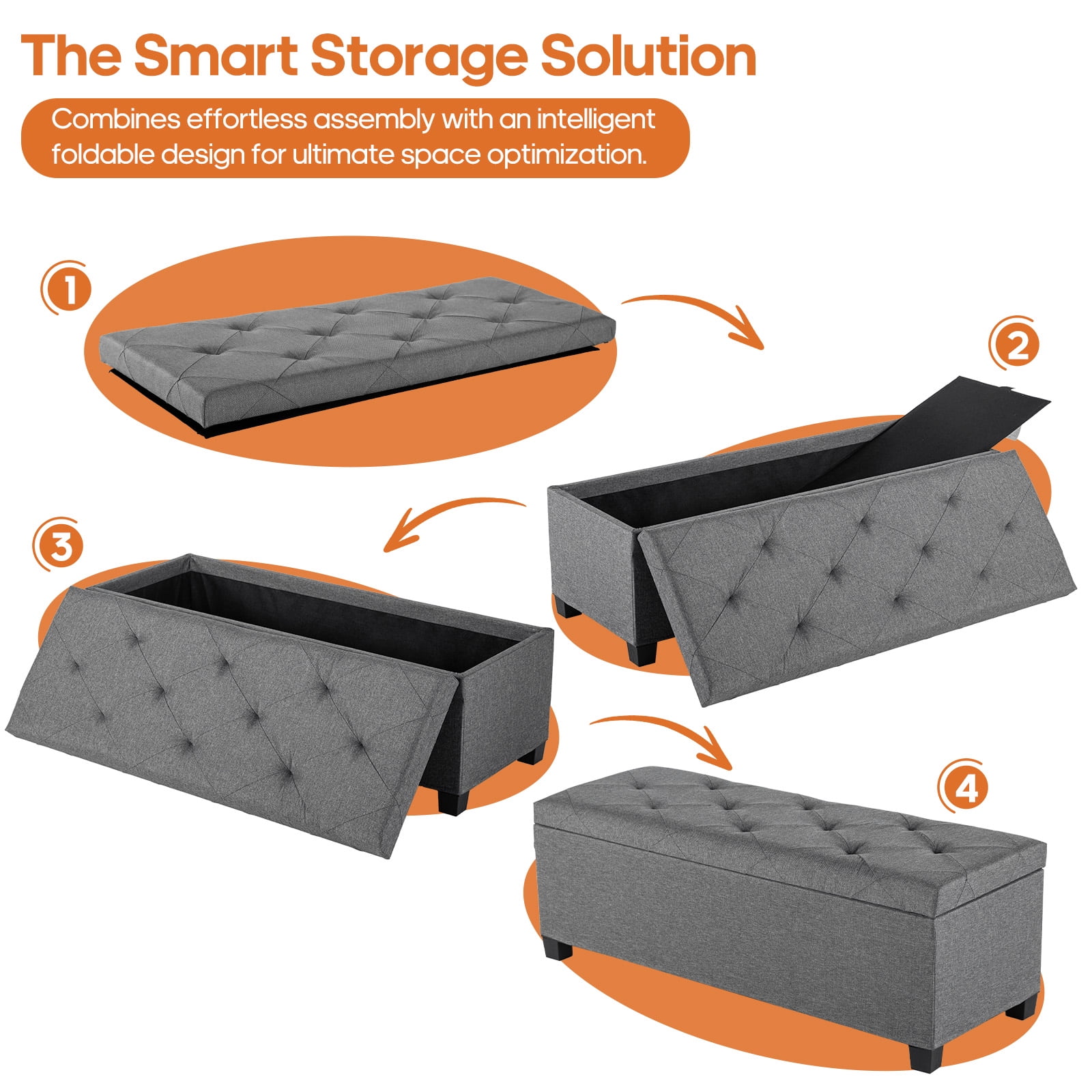 CONCETTA Versatile Storage Ottoman Bench, Tufted Upholstered End of Bed Chest, Foot Rest with Legs, Ample Capacity for Living Room, Entryway, Dark Gray
