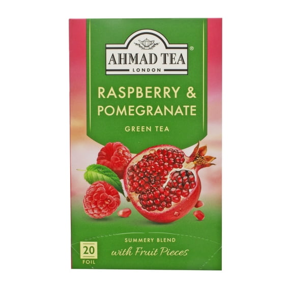 Ahmad Tea London, Caffeinated Raspberry & Pomegranate Green Tea Bags, 20 Count