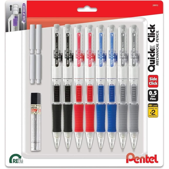 Pentel Quick Click Mechanical Pencil, 0.5mm, Plus Lead and Eraser, 8-pk