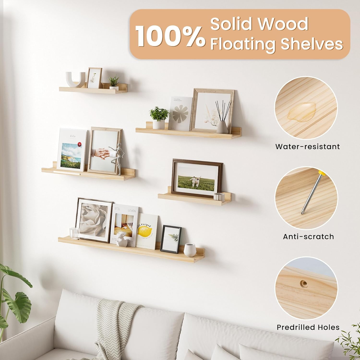 Long Floating Shelves for Wall, 48 inch Solid Wood Picture Ledge Shelf, Picture Shelf for Wall with Ledge, Floating Book Shelves for living room Bedroom Nursery Decor, Natural Unfinished, Set of 2