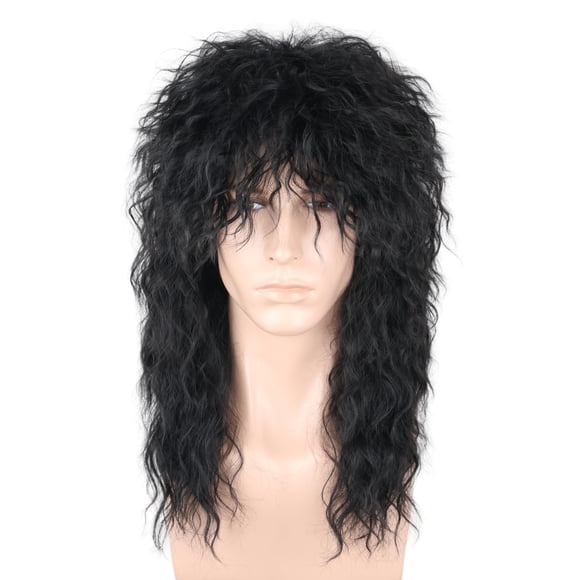 Peluca LeMarnia 80s Mullet Long Ondulado Negro de Fibra Sintética