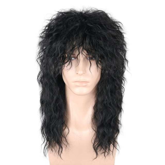 Peluca LeMarnia 80s Mullet Long Ondulado Negro de Fibra Sintética