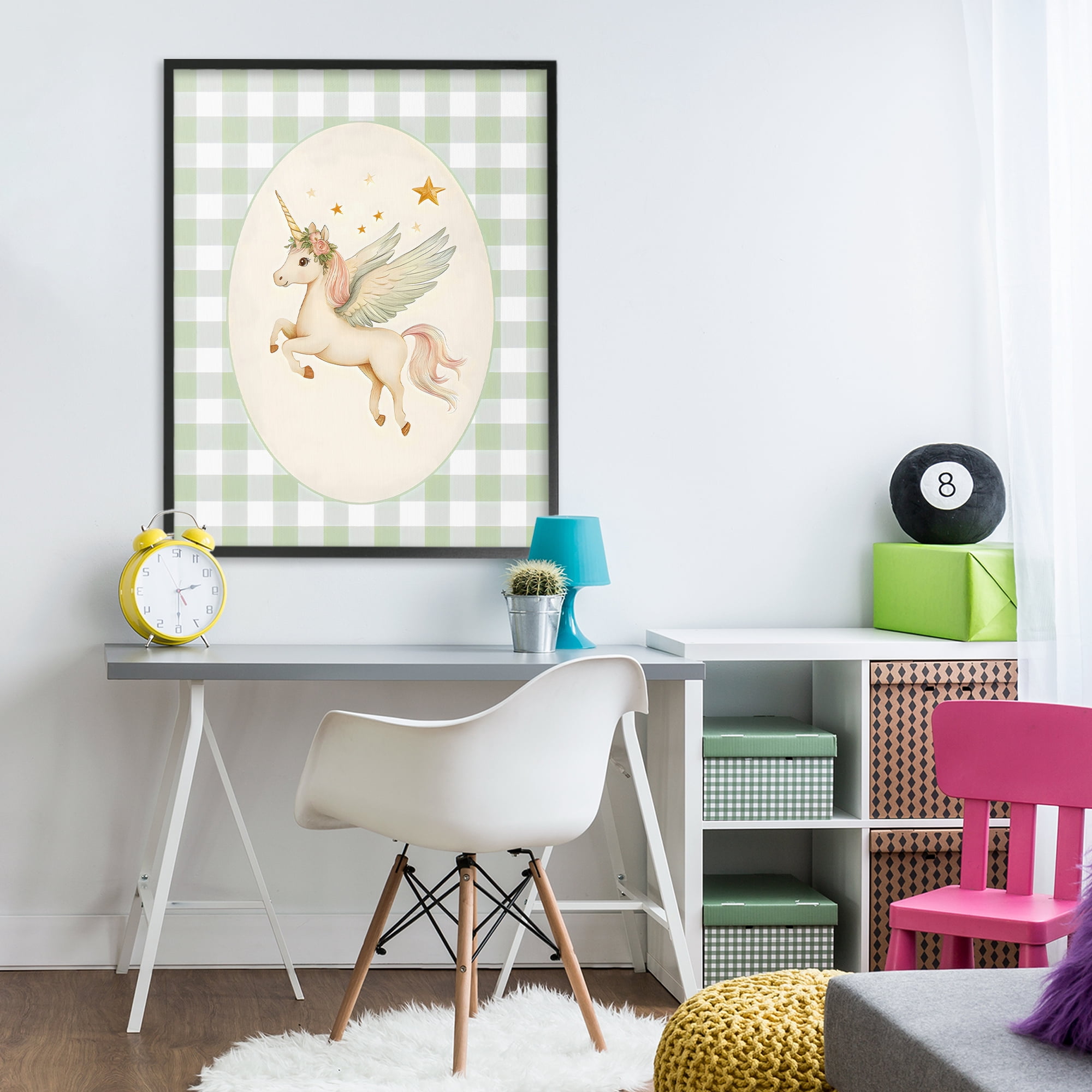 Stupell Industries Winged Unicorn over Green Gingham Black Framed Giclee Art, design by Arlington Prints