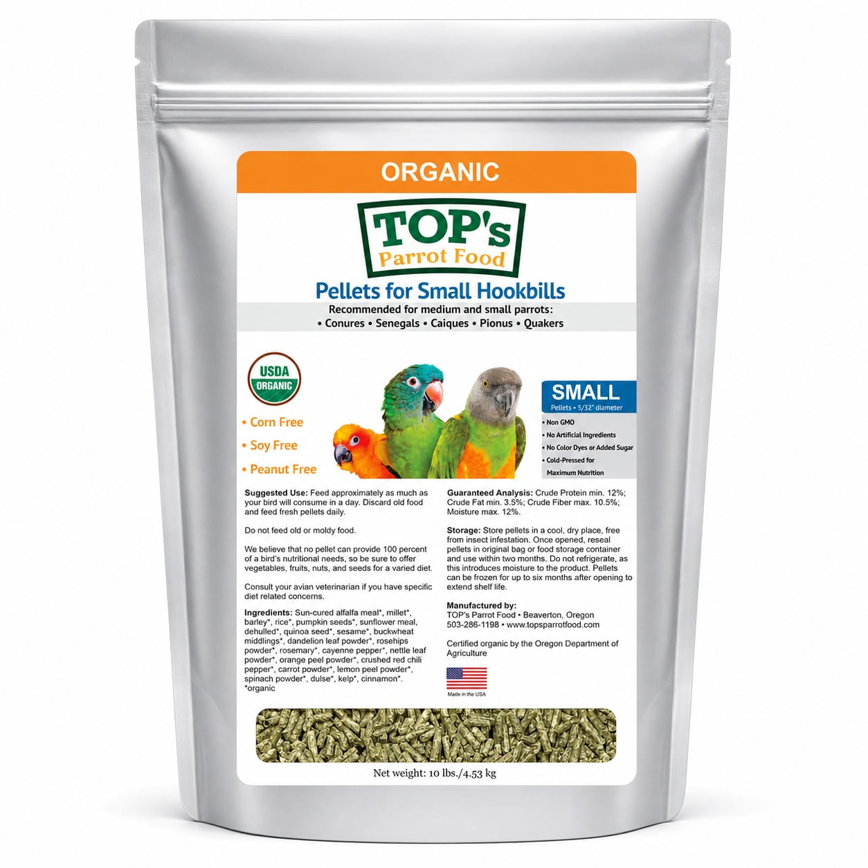 TOP's Parrot Food Small Pellets for Conures, Senegals, Caiques, Pionus, USDA Certified Organic, Human Grade, Non-GMO, Corn, Soy & Peanut Free, 10 lb