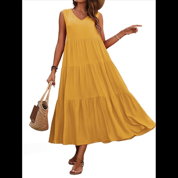 Vestidos de Verano para Mujer, Sin Mangas, Largos, con Escote en V, Informales, Fluidos y con . Cúrcuma S