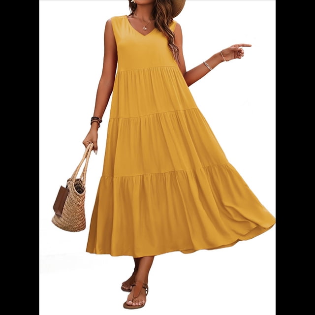 Vestidos de Verano para Mujer, Sin Mangas, Largos, con Escote en V, Informales, Fluidos y con . Cúrcuma L