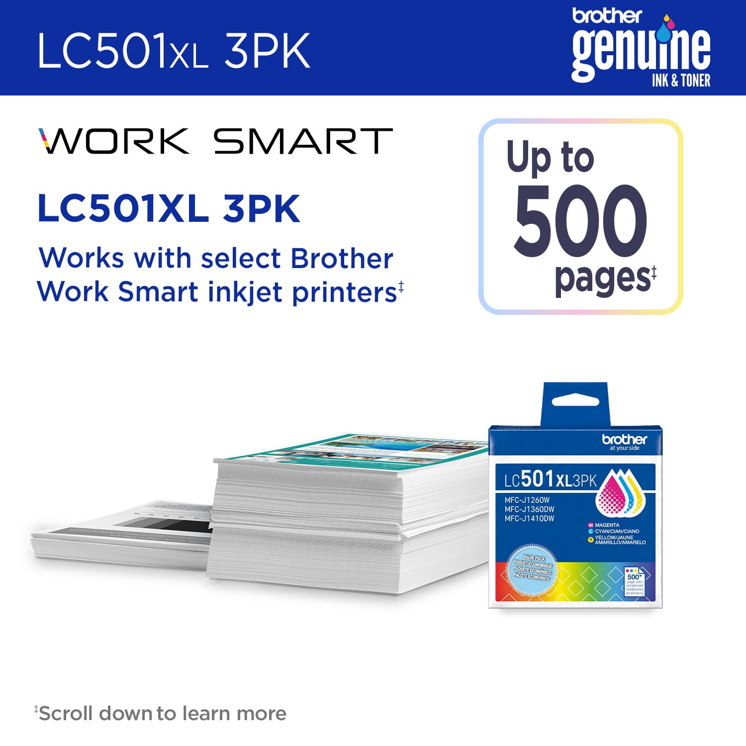 Brother Genuine LC501XL3PK 3-Pack High Yield Cyan, Magenta, and Yellow Ink Cartridges