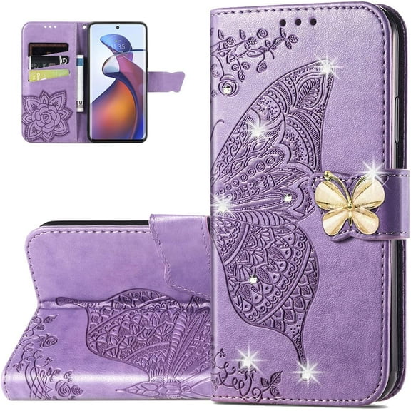 Wallet Case for Moto Edge 30 Fusion,3D Butterfly Pattern PU Leather Flip Kickstand Case with Magnetic Clasp and Cash Card Slots Holster for Moto Edge 30 Fusion, HZD Rhinestone Light Purple
