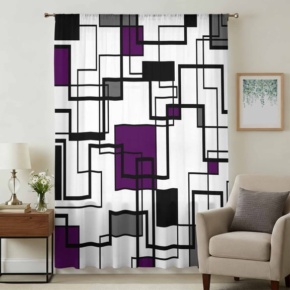 Purple Geometric Sheer Curtains 63 Inches Long, Black Grey Abstract Striped Modern Art Light Filering Curtains, Breathable Simi Curtain Privacy Drapes for Living Room Bedroom Window Treatment