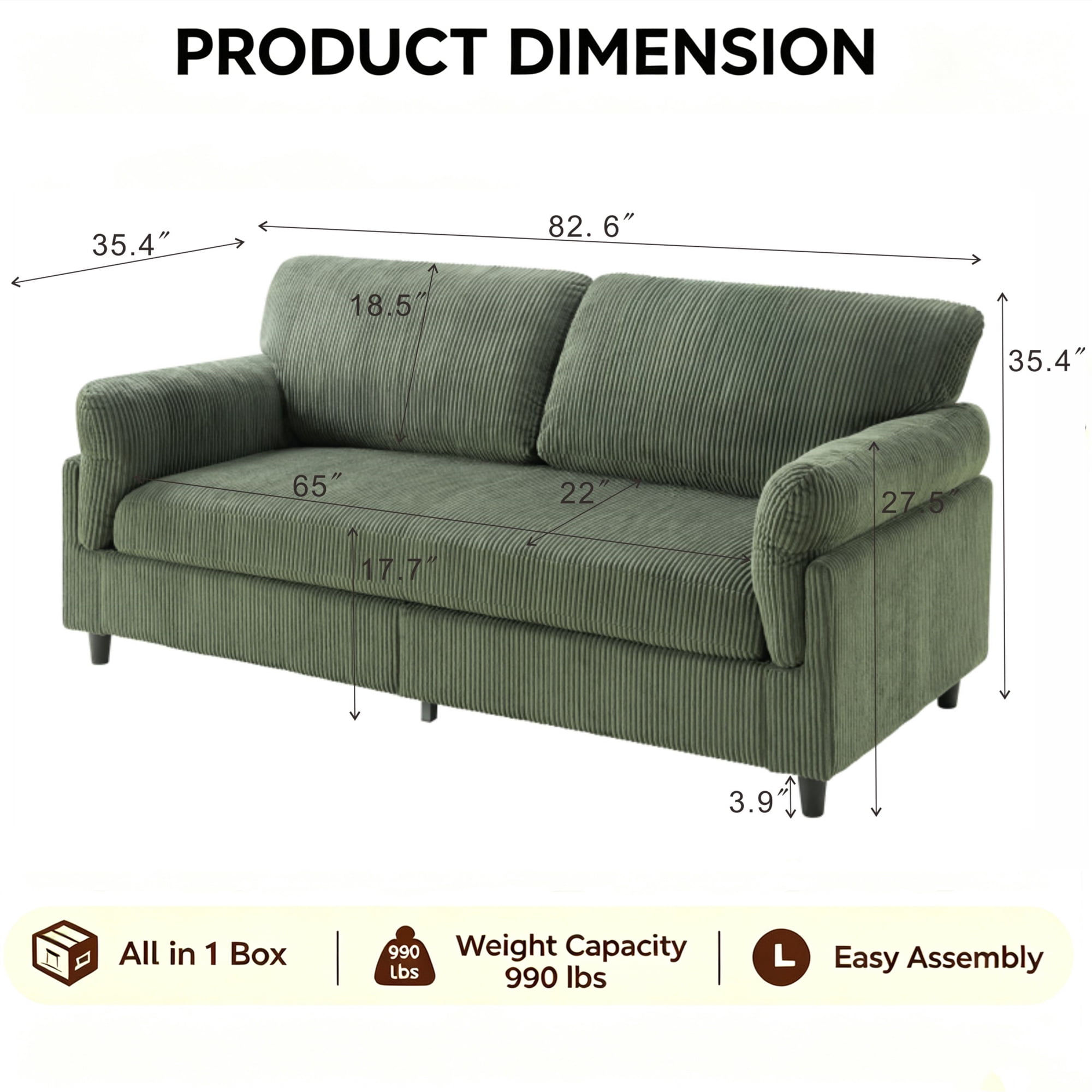 Aukfa 83" Pillow Top Arm Sofa 3 Seat Deep Seat Upholstered Couch for Living Room Bedroom, Corduroy, Green
