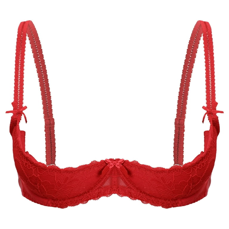 inhzoy Women Floral Lace 1/4 Cup Underwired Bra Push Up Bra Red L 