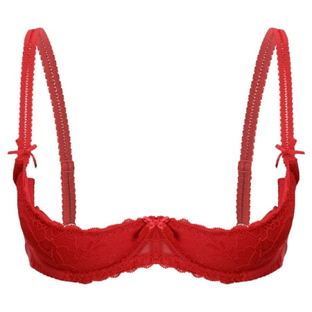 Aiihoo Women 1/4 Cup Lace Shelf Bra Balconette Underwired Demi Shelf Bra Sheer Bralette Red 4XL