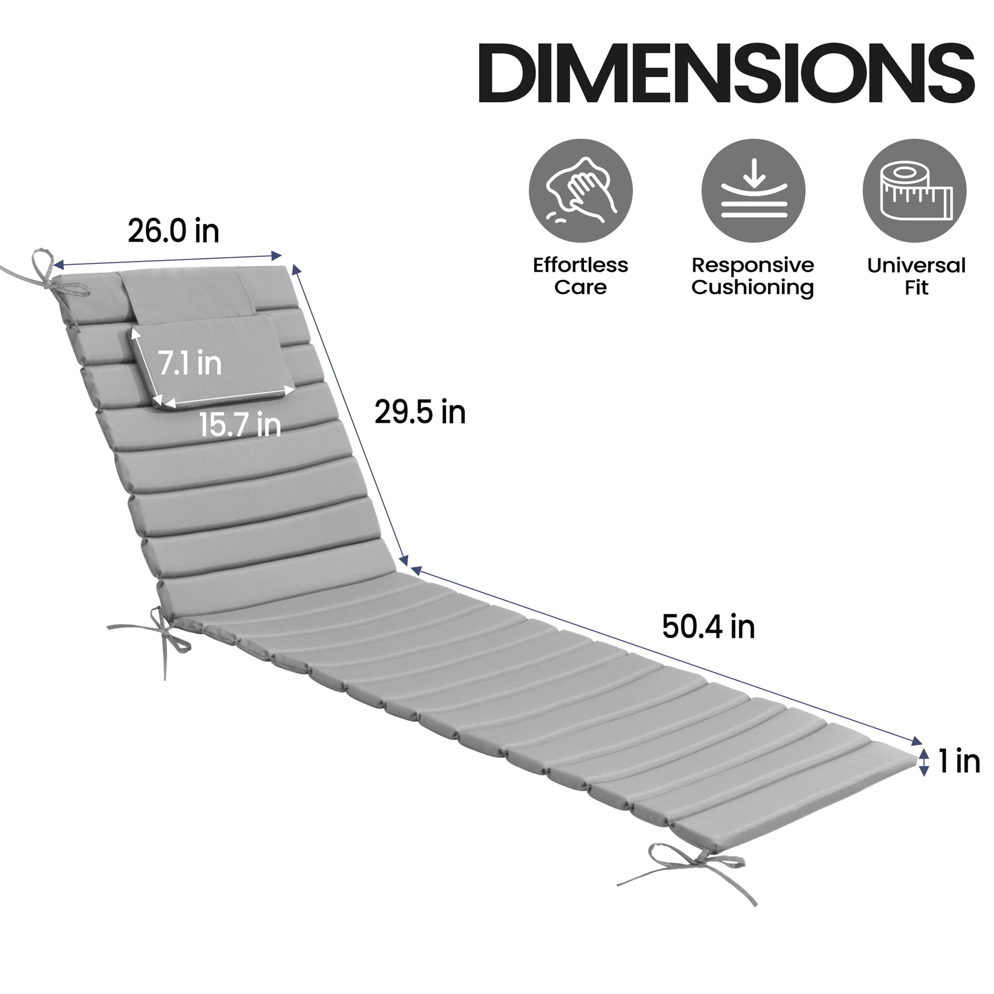 Pellebant Outdoor Set of 2 Chaise Lounge Cushions with Headrest for Patio Furniture,80"L x 26"W x 1"T Light Gray
