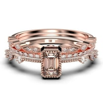 Art Deco 2.25 Carat Emerald Cut Morganite And Diamond Moissanite Thin Engagement Ring, Slim Wedding Ring in 10k Solid Rose Gold, Trio Rings Set, Holiday Gift, Promise Ring, Anniversary Ring