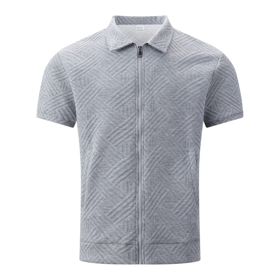 Men's Full Zip Polo Shirt Short Sleeve 3D Geometric Jacquard Lapel Collar Regular Fit Stretch Casual Business Tops for Daily Office Street Wear,M