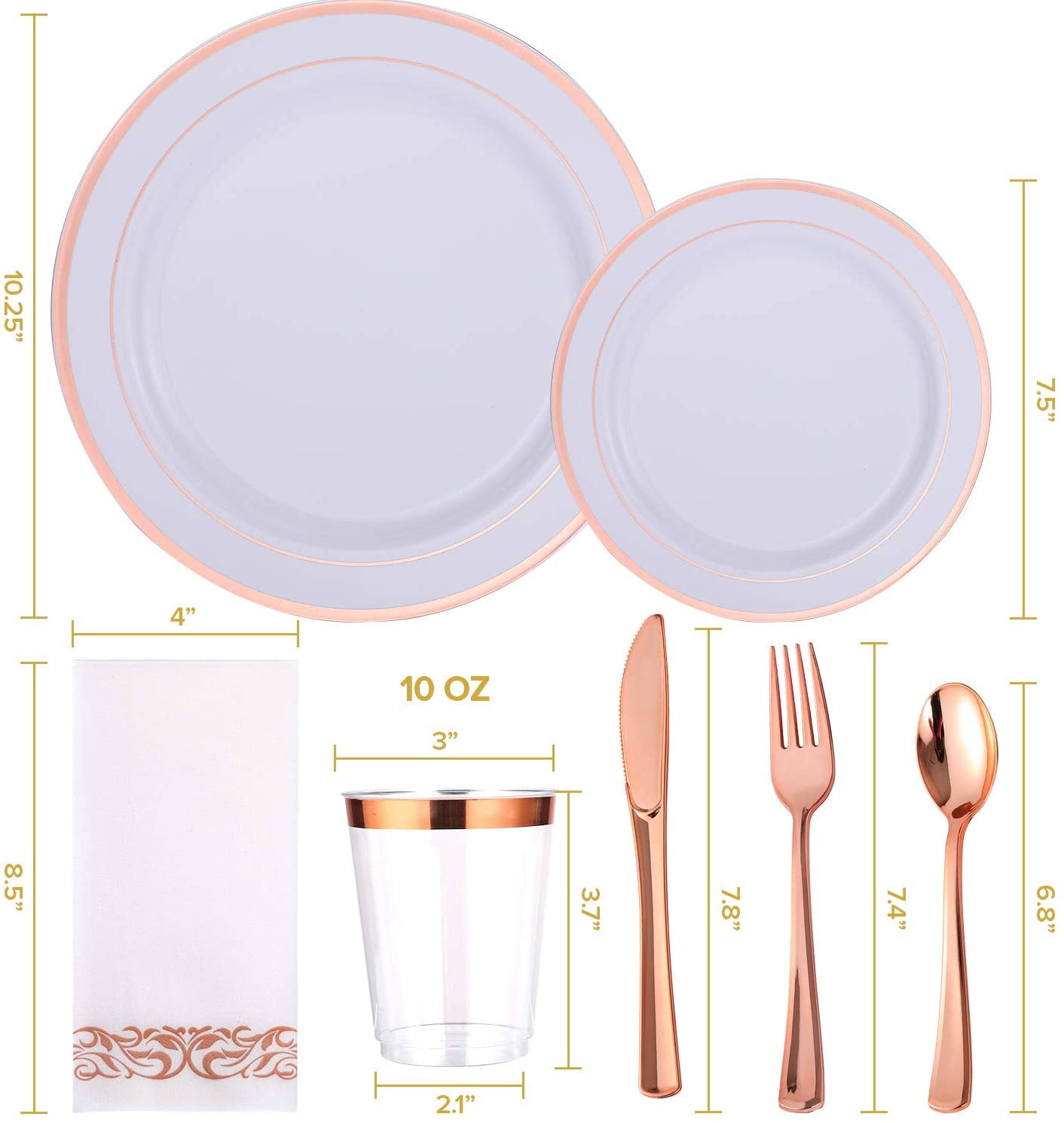 Focusline [175pack] Disposable Dinnerware Set 25 Guest-50 Rose Gold Rim Plastic Plates-25 Rose Gold Plastic Silverware-25 Rose Gold Plastic Cups-25 Linen Feel Paper Napkins