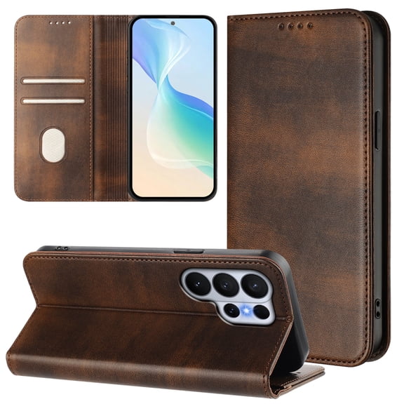 Allytechgroup for Samsung Galaxy S26 Ultra Case Folio Stand [RFID Blocking] Wireless Charging Cover with Card Holder/Pockets PU Leather Magnetic Wallet Cover, Brown