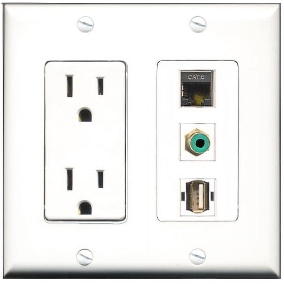RiteAV - 15 Amp Power Outlet 1 Port RCA Green 1 Port USB A-A 1 Port Shielded Cat6 Ethernet Ethernet Decorative Wall Plate