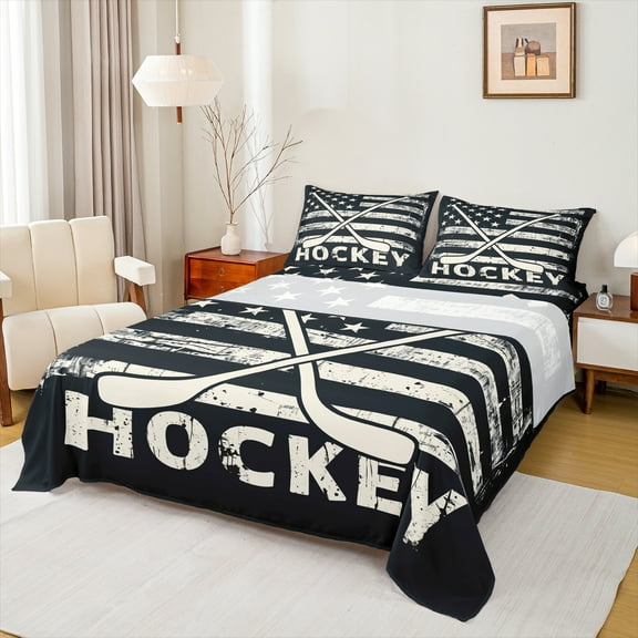 Manfei Bice Hockey Game Twin Sheet Sets,Ball Sport Twin Fitted Sheet,Vintage American Flag Flat Sheet For Girls Kids,Super Cozy Room Decor,3pcs