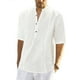 thumbnail image 1 of Camisas de lino para hombre, de manga corta, informales, de algodón, con botones, estilo henley, para playa, de verano, corte regular, 1 of 5