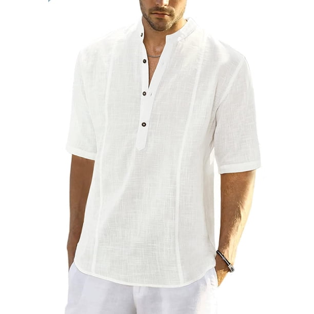 Camisas de lino para hombre, de manga corta, informales, de algodón, con botones, estilo henley, para playa, de verano, corte regular