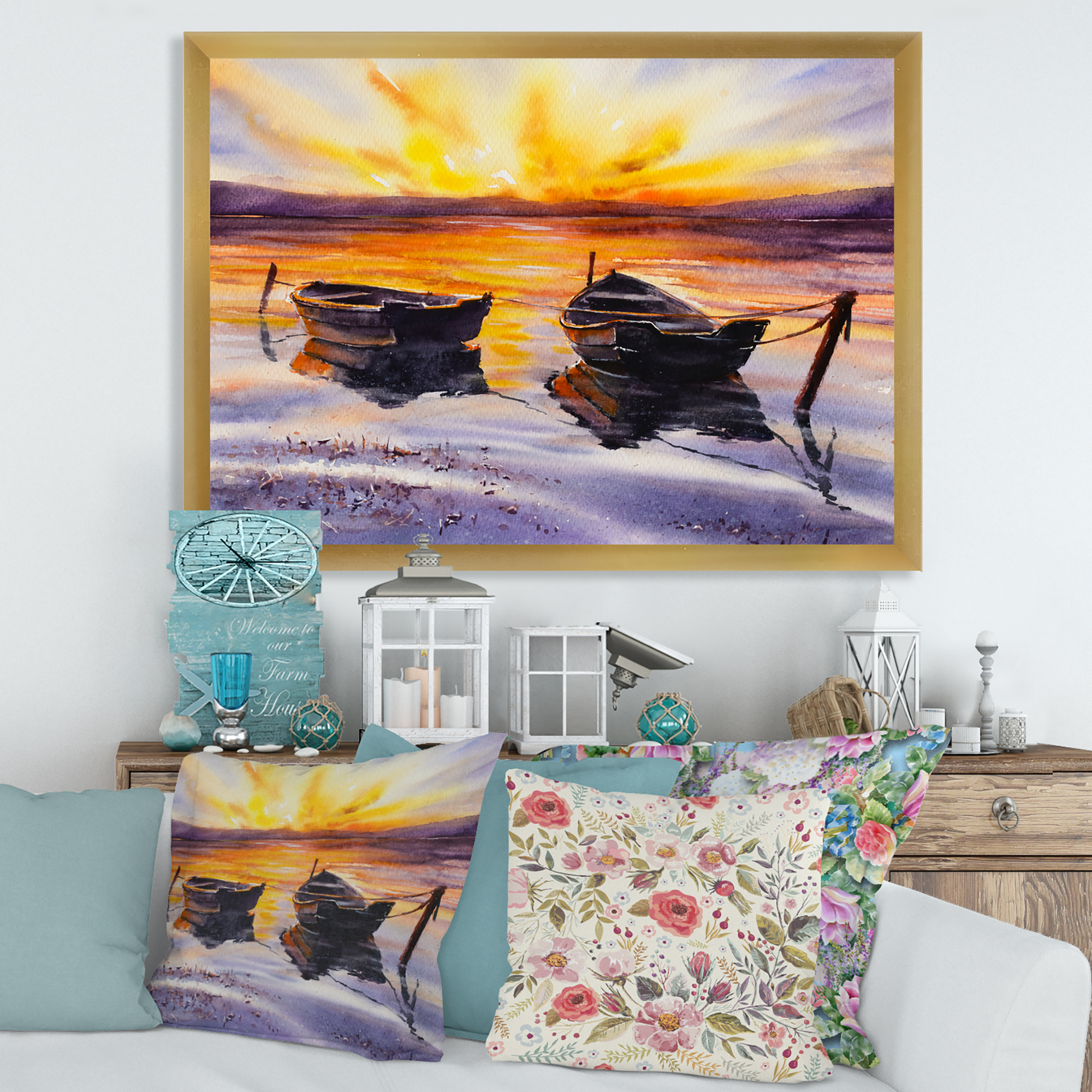Designart 'Two Small Boats Parking On The Shore and Sunset' Lake House Framed Art Print