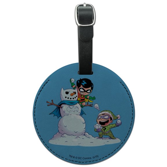 Robin and Riddler Snowball Fight Round Leather Luggage Card Suitcase Carry-On ID Tag