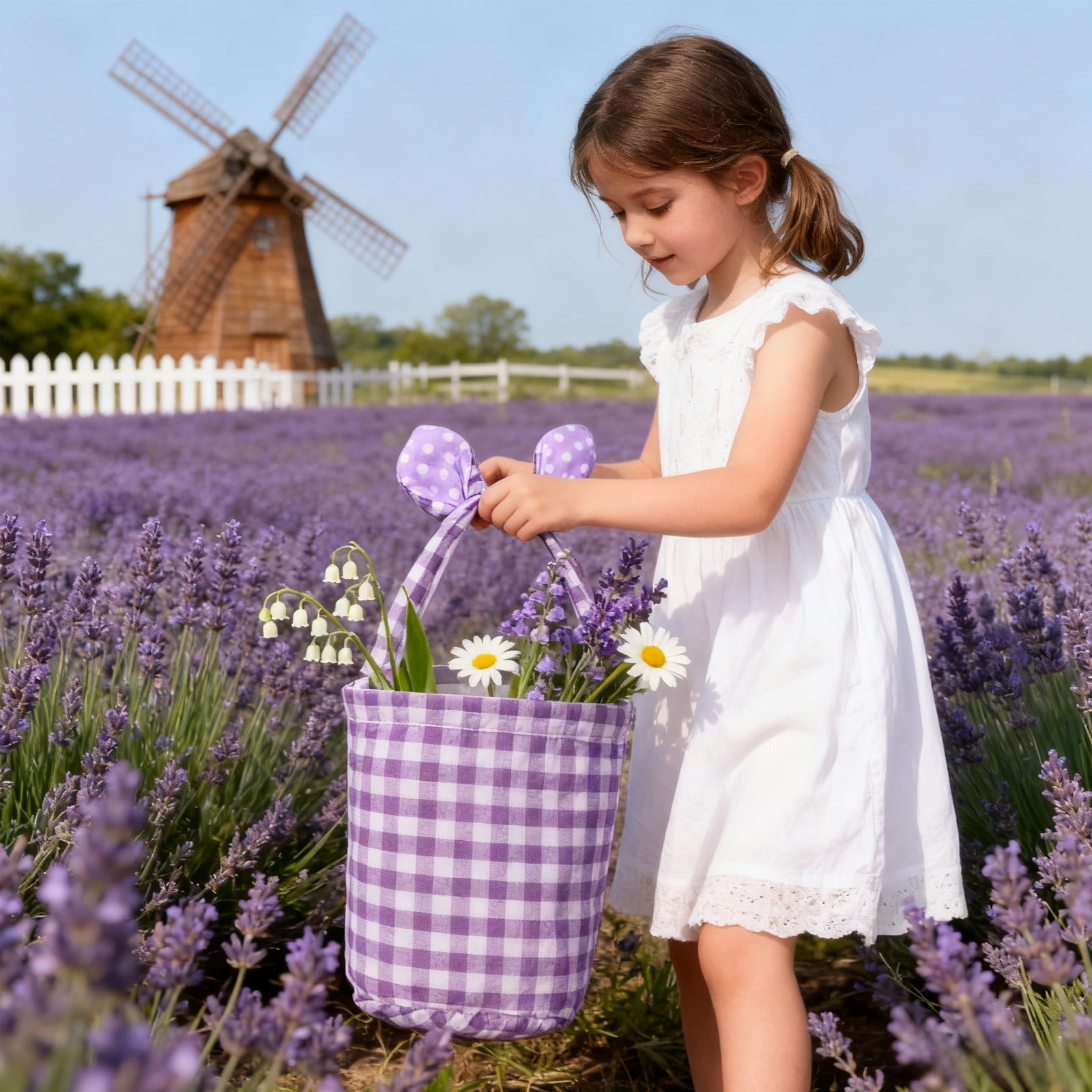 Lunxisen 4 Pcs Easter Bunny Basket Plaid Gingham Easter Buckets with Border Pleat,Cute Easter Basket Tote Easter Eggs Hunt Bag,Easter Decorations,Candy Gifts Storage