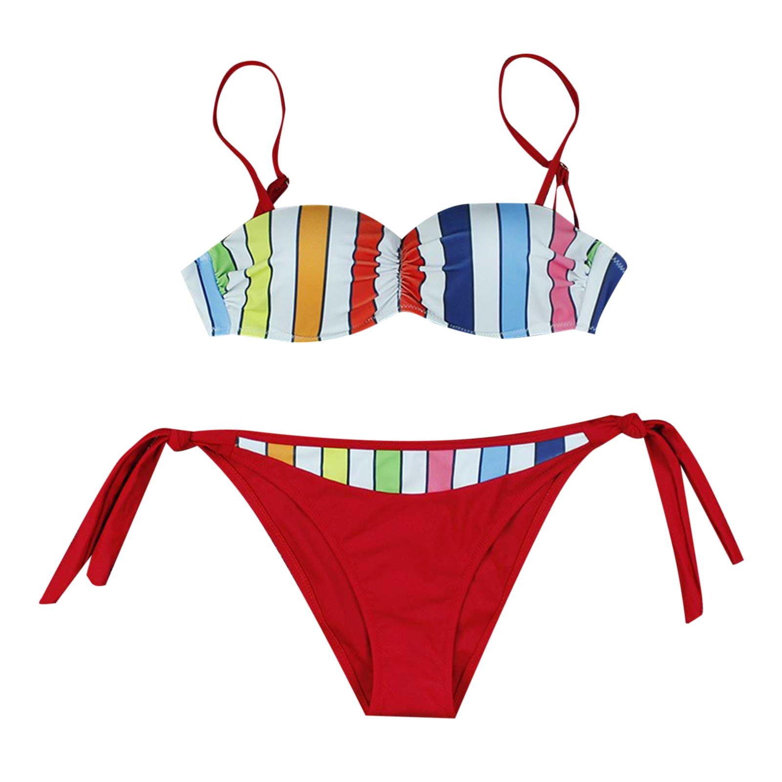 Womens String Bikini Set Rainbow Stripe Printed Bathing Suit Swimwear Sexy Low Rise Tie Side