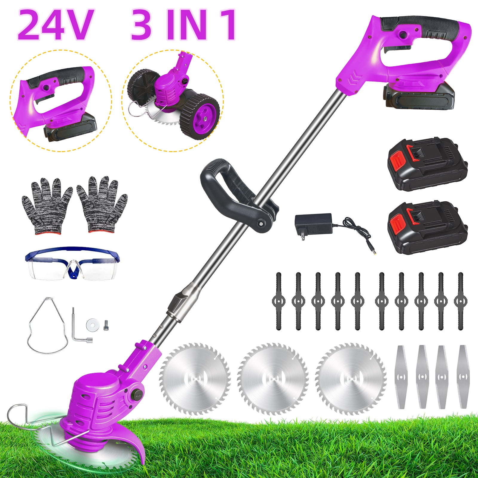 The Latest Small Portable Cordless Electric Lawn Mower/Lawn Cutter with 2 High-Capacity Lithium Batteries And 3 Types of Blades, Many Gifts, Multi-Function Weed Cutter for Yard and Garden(Purple)