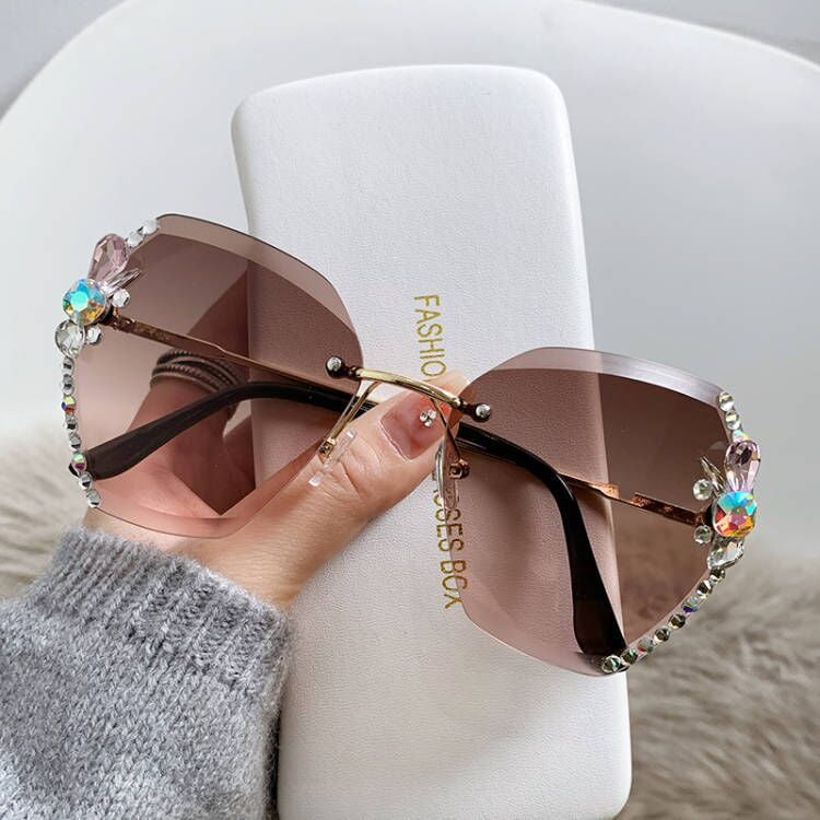 Luxury Brand Design Vintage Rimless Rhinestone Sunglasses 